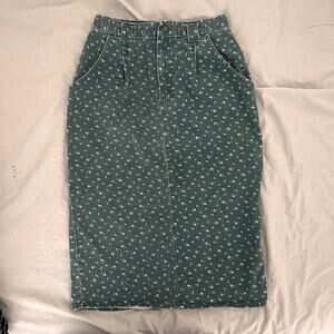 Vintage teal denim pencil skirt with ditzy floral print, waist 30"